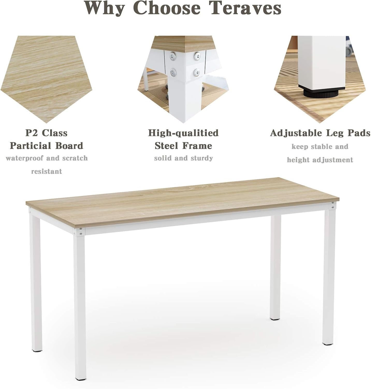 Computer Desk/Dining Table Office Desk Sturdy Writing Workstation for Home Office (39.37“, Beige + White Frame)