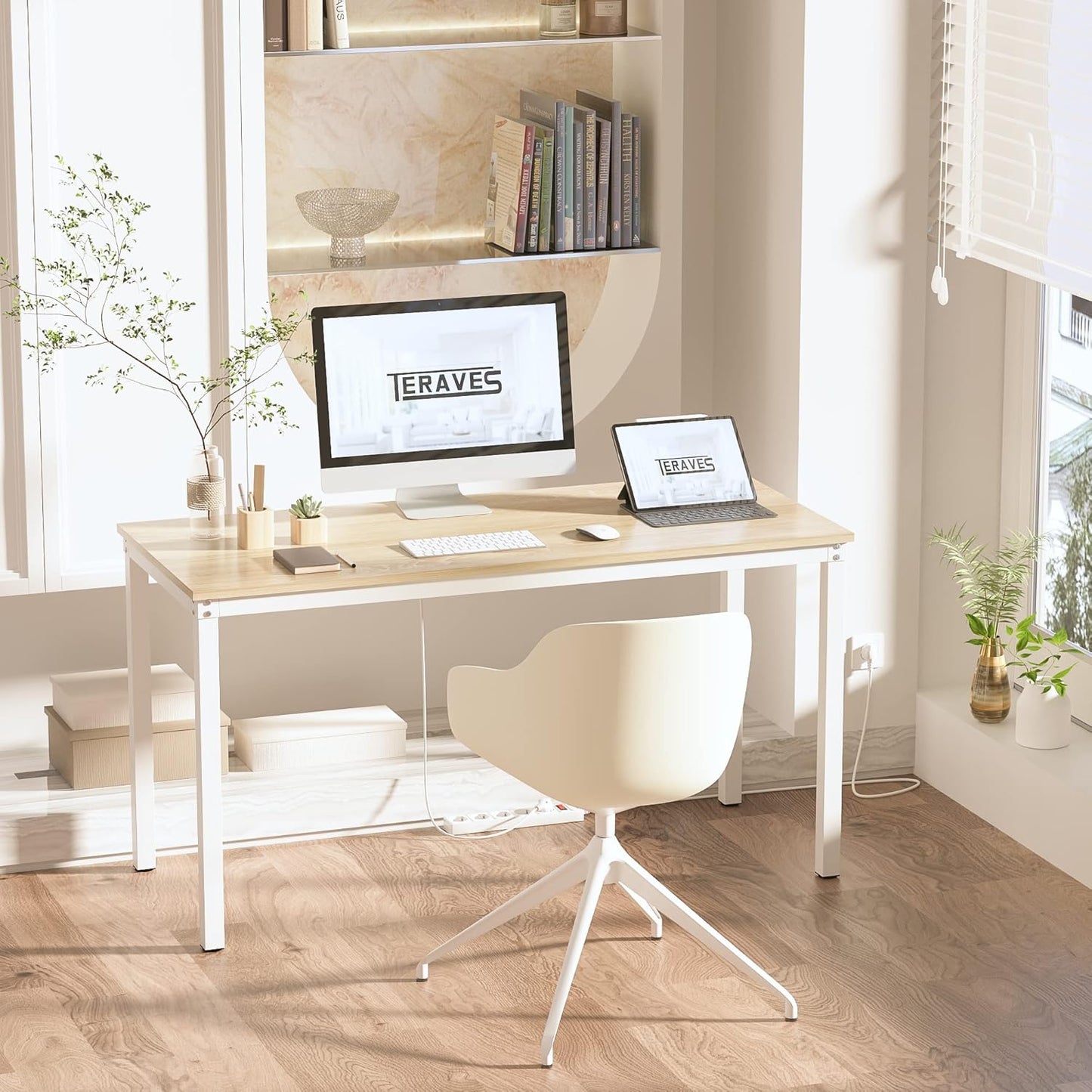 Computer Desk/Dining Table Office Desk Sturdy Writing Workstation for Home Office (39.37“, Beige + White Frame)
