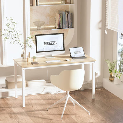 Computer Desk/Dining Table Office Desk Sturdy Writing Workstation for Home Office (39.37“, Beige + White Frame)