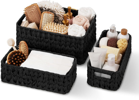 Wicker Baskets for Storage, Wicker Storage Basket for Organizing, Large Woven Baskets, Waterproof Basket for Vanity, Home Decor, Black, 3-Pack