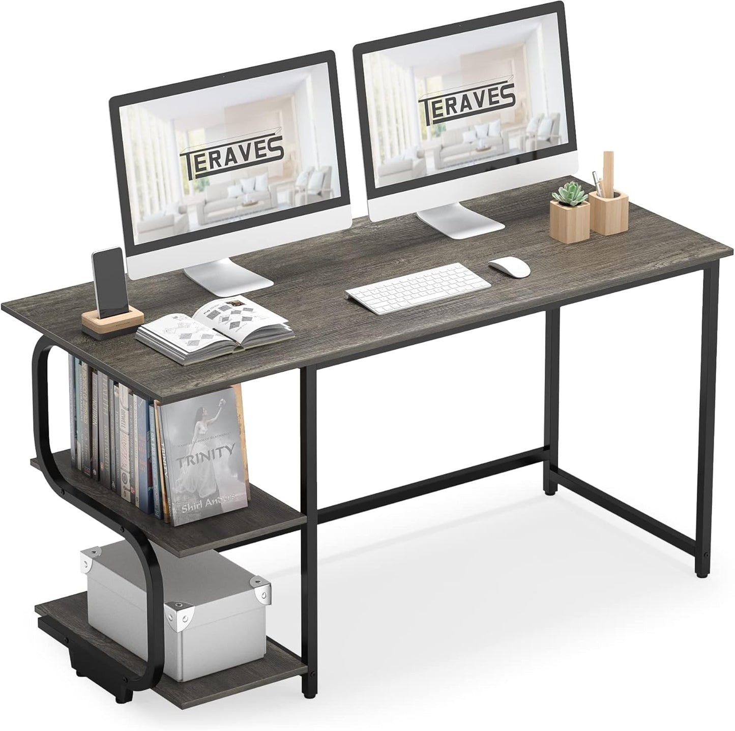Reversible Computer Desk for Small Spaces with Shelves,Gaming Desk Office Desk for Home Office (47In, Black Oak)