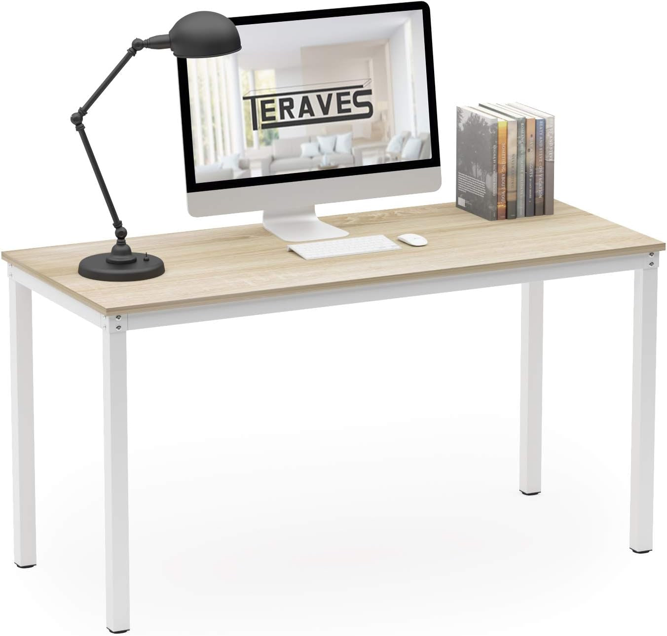 Computer Desk/Dining Table Office Desk Sturdy Writing Workstation for Home Office (39.37“, Beige + White Frame)