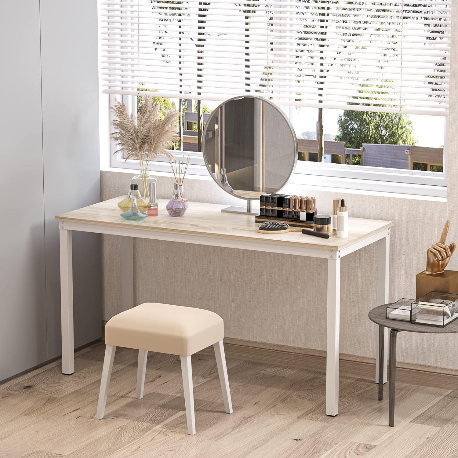 Computer Desk/Dining Table Office Desk Sturdy Writing Workstation for Home Office (39.37“, Beige + White Frame)